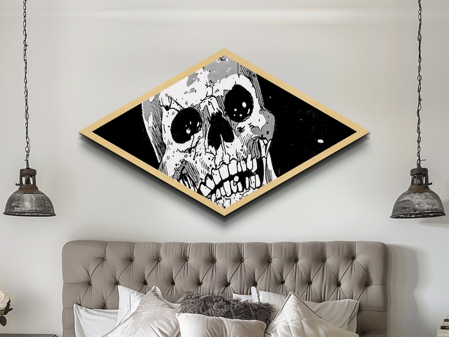 Manga Skull Scream Diamond Shaped Canvas Art Print horror comic style anime decor edgy wall art unique gothic Halloween gift