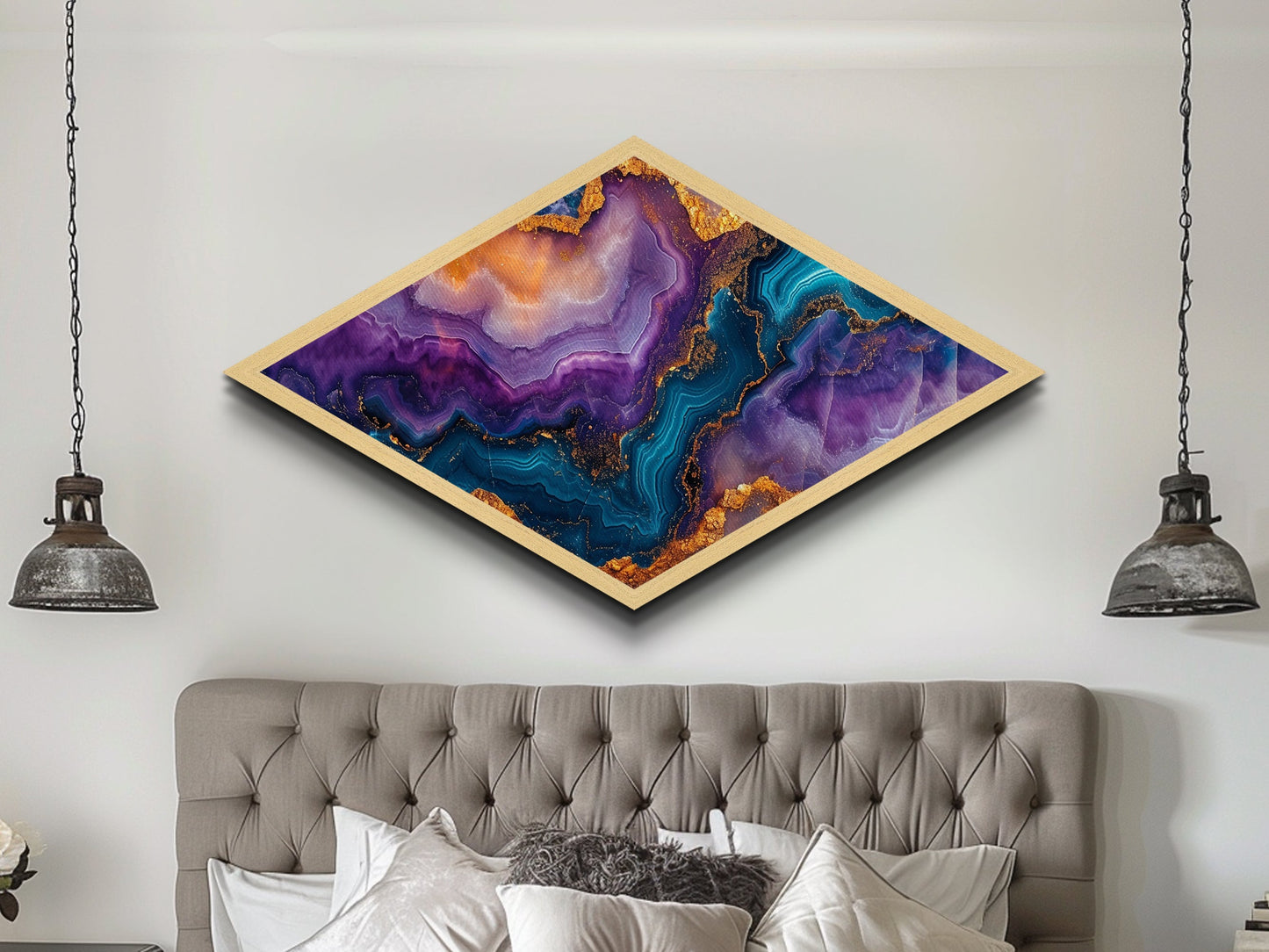 Crystalline Abyss Diamond Shaped Canvas Embossed Print Geode Gemstone Wall Art Vibrant Purple Blue Gold Abstract Office Decor