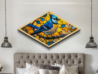 Stained Glass Bluejay Diamond Shaped Canvas Textured Print Bird Art Sunlit Window Look Nature Lover Gift Rustic Home Decor
