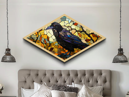 Raven Glass Shadows Diamond Shaped Canvas Art Print Stained Glass Crow Art Autumn Color Wall Decor Halloween Gothic Aesthetic