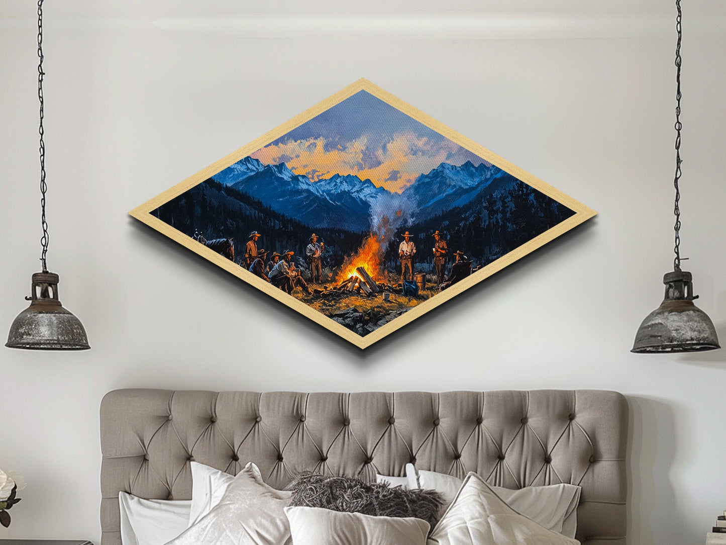 Campfire Cowboys – Diamond Shaped Canvas Art Print western rustic painting mountain landscape cowboy lodge living room Americana decor