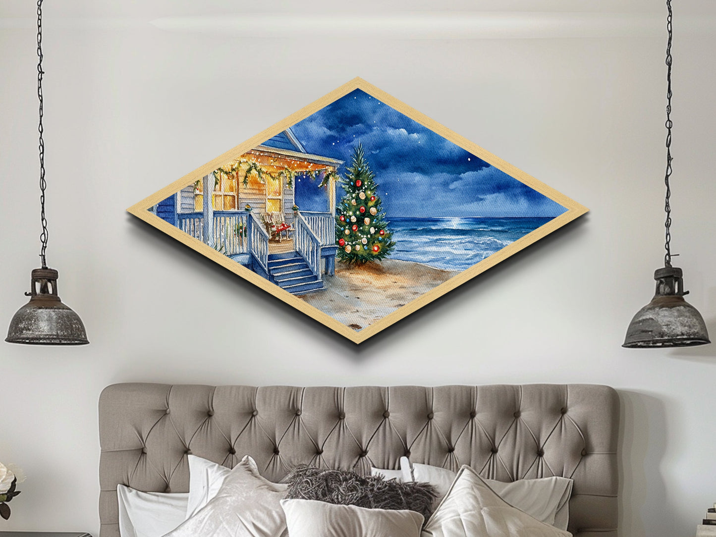 Coastal Christmas – Diamond Shaped Canvas Textured Print holiday beach house watercolor art oceanfront winter tree porch night scene