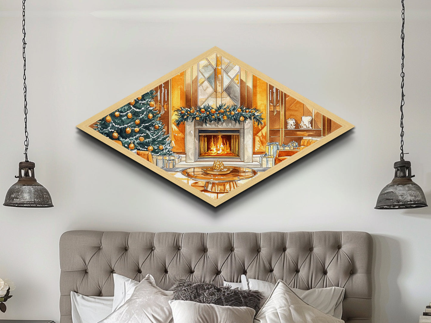 Festive Hearth – Diamond Shaped Canvas Textured Print cozy Christmas interior holiday fireplace art living room seasonal winter decor