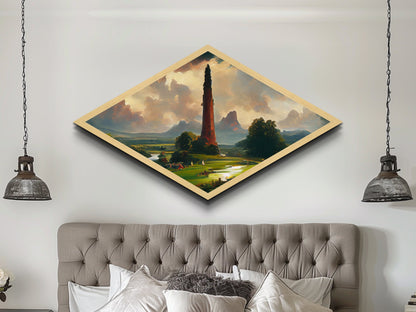 Towering Realm Scene Diamond Shaped Canvas Art Print, Mythic Landscape Fantasy Wall Decor, Romanticism Style Magical Nature View