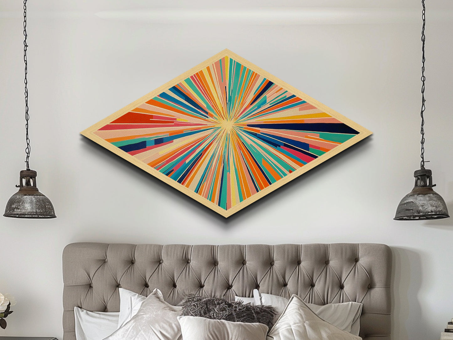 Retro Midcentury Modern Diamond Shaped Canvas Art Print, Color Burst, Green, Yellow and Red Swirl, Colorful Above Sofa Art