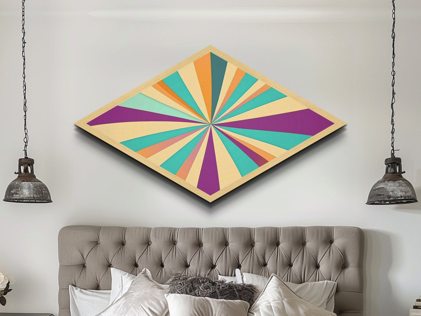 Radiant Color Wheel Diamond Shaped Canvas Art Print Modern pop abstract retro burst design bright living room wall accent decor