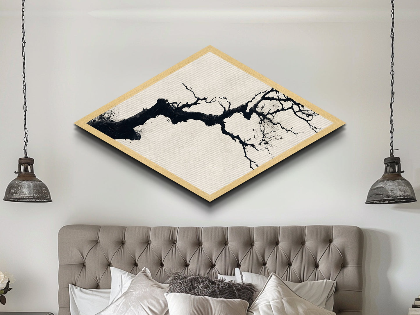 Zen Branch Ink Diamond Shaped Canvas Textured Print Japanese Minimal Abstract Nature Wall Art Modern Decor Neutral Palette Home Gift