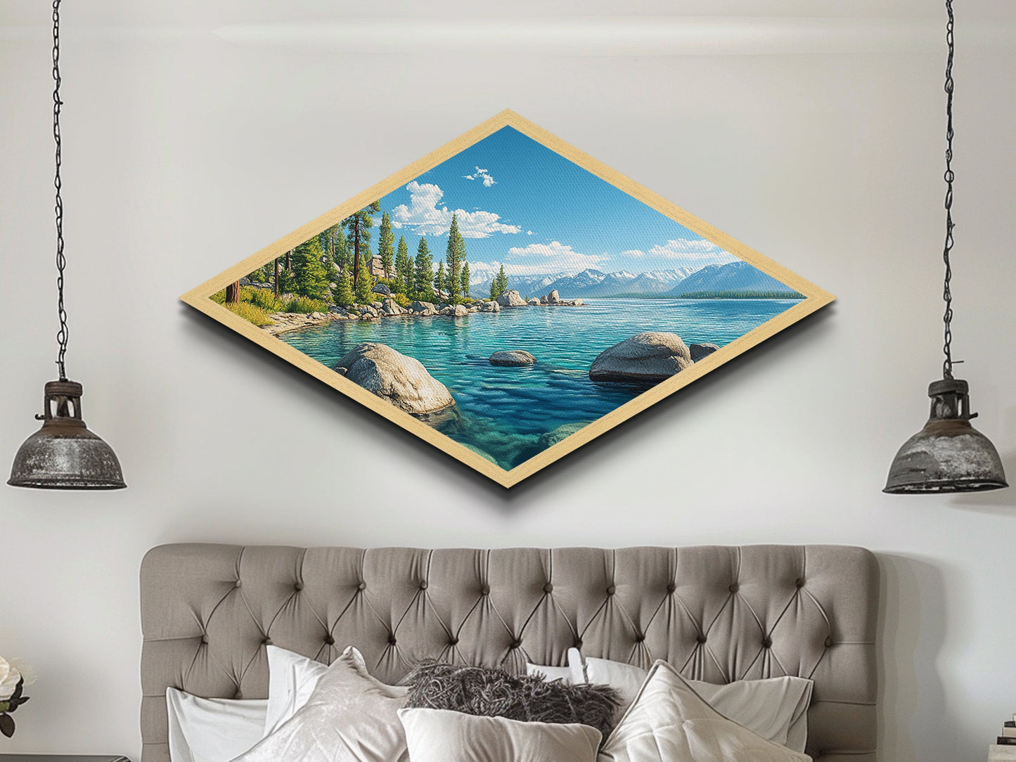 Alpine Stillness - Diamond Shaped Canvas Art Print Mountain Lake Nature Decor Rustic Lodge Wall Accent Peaceful Retreat Landscape