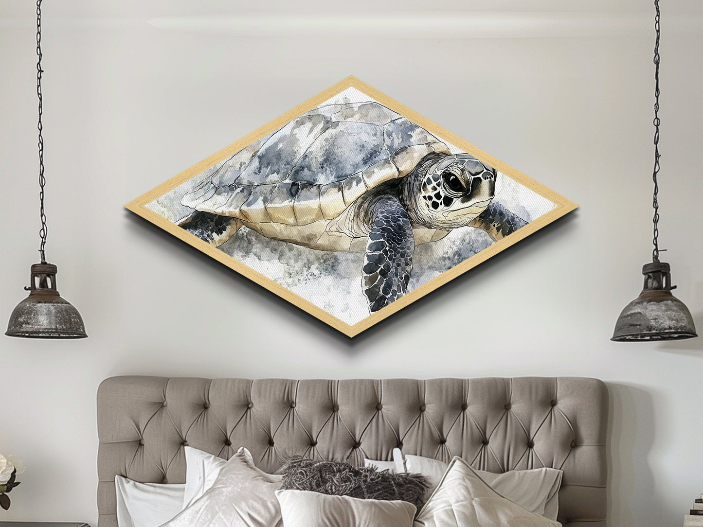 Majestic Turtle - Diamond Shaped Canvas Textured Print Sea Life Wall Decor Coastal Nature Gift Ocean Nursery Art Watercolor Style