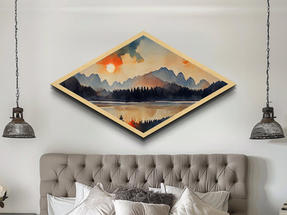 Sunset Over The Smoky Mountains, Diamond Shaped Art Print, Watercolor Landscape Painting, Nature Decor, Canvas Texture Art Print