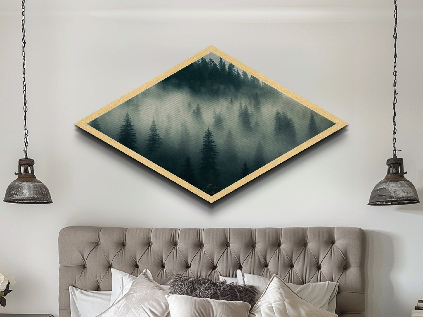 Fog Drenched Pines Diamond Shaped Forest Landscape Canvas Art Print Serene Tree Silhouettes Moody Mountain Fog Wilderness Wall Art