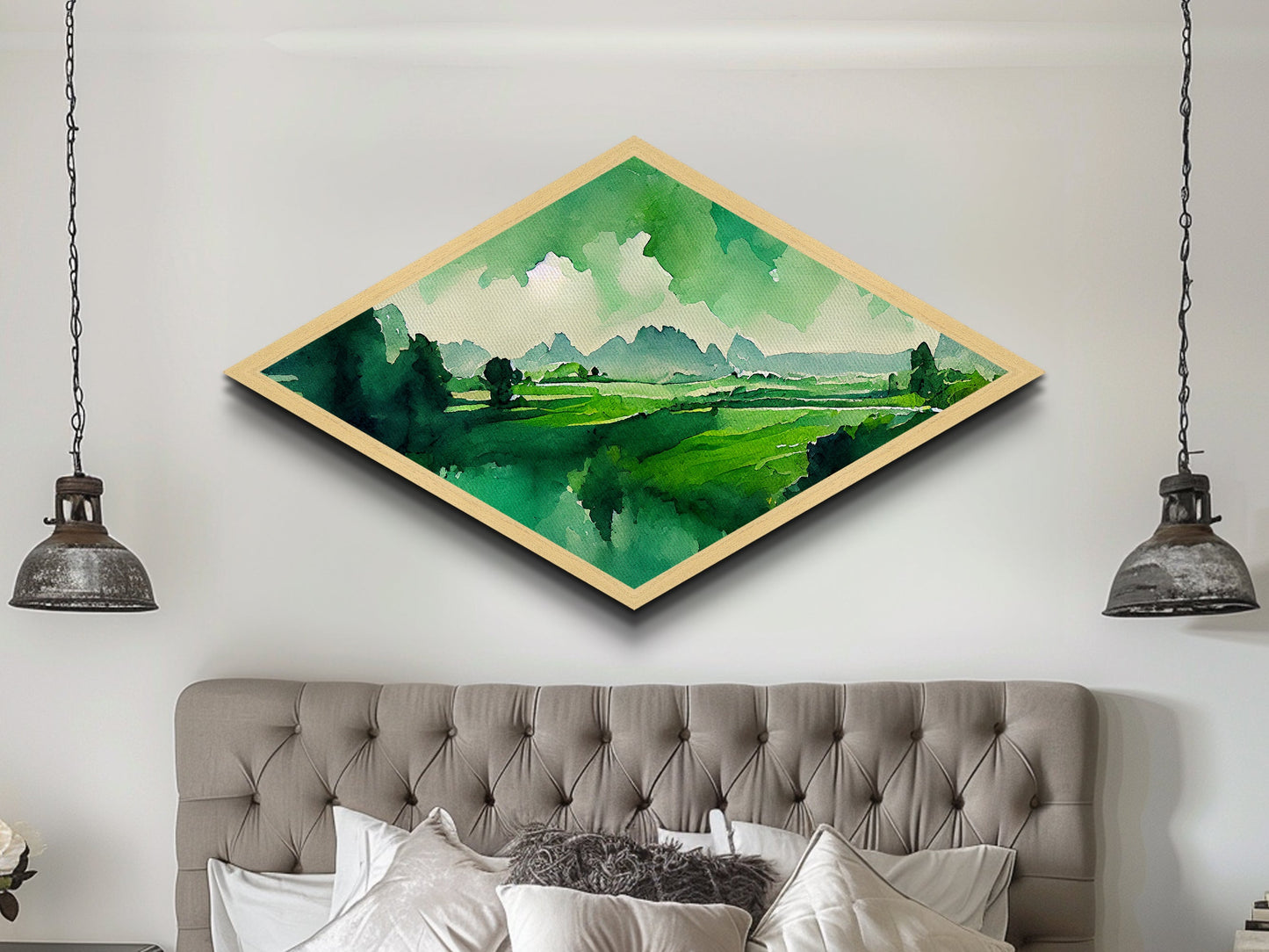 Verdant Horizon Diamond Shaped Landscape Wall Art Canvas Embossed Print Green Mountain Nature Illustration Pastoral Home Decor Accent