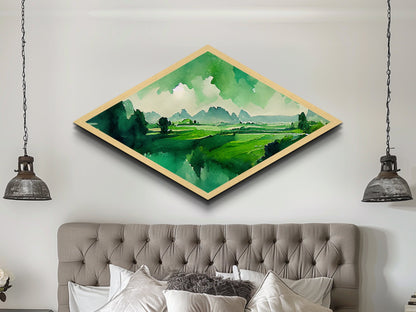Verdant Horizon Diamond Shaped Landscape Wall Art Canvas Embossed Print Green Mountain Nature Illustration Pastoral Home Decor Accent