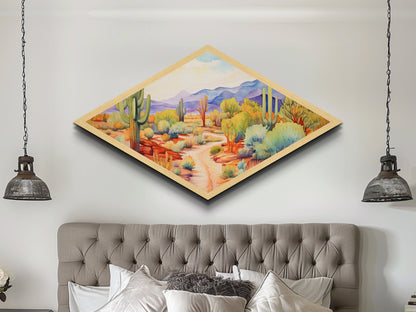 Desert Garden Pathway Diamond Shaped Canvas Embossed Print colorful southwest watercolor cacti art modern boho living room piece