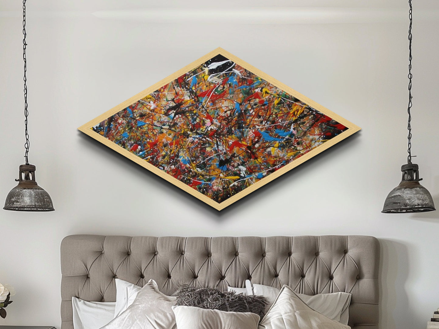 Electric Rhythm Splash Diamond Shaped Abstract Canvas Art Print Jackson Style Colorful Modern Wall Decor Bold Artistic Energy Piece