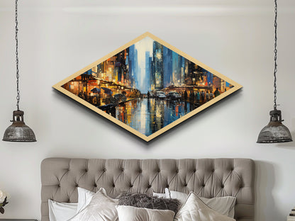 City Street Buzz Diamond Shaped Canvas Embossed Print rainy night urban scene bright lights pedestrians modern cityscape wall decor