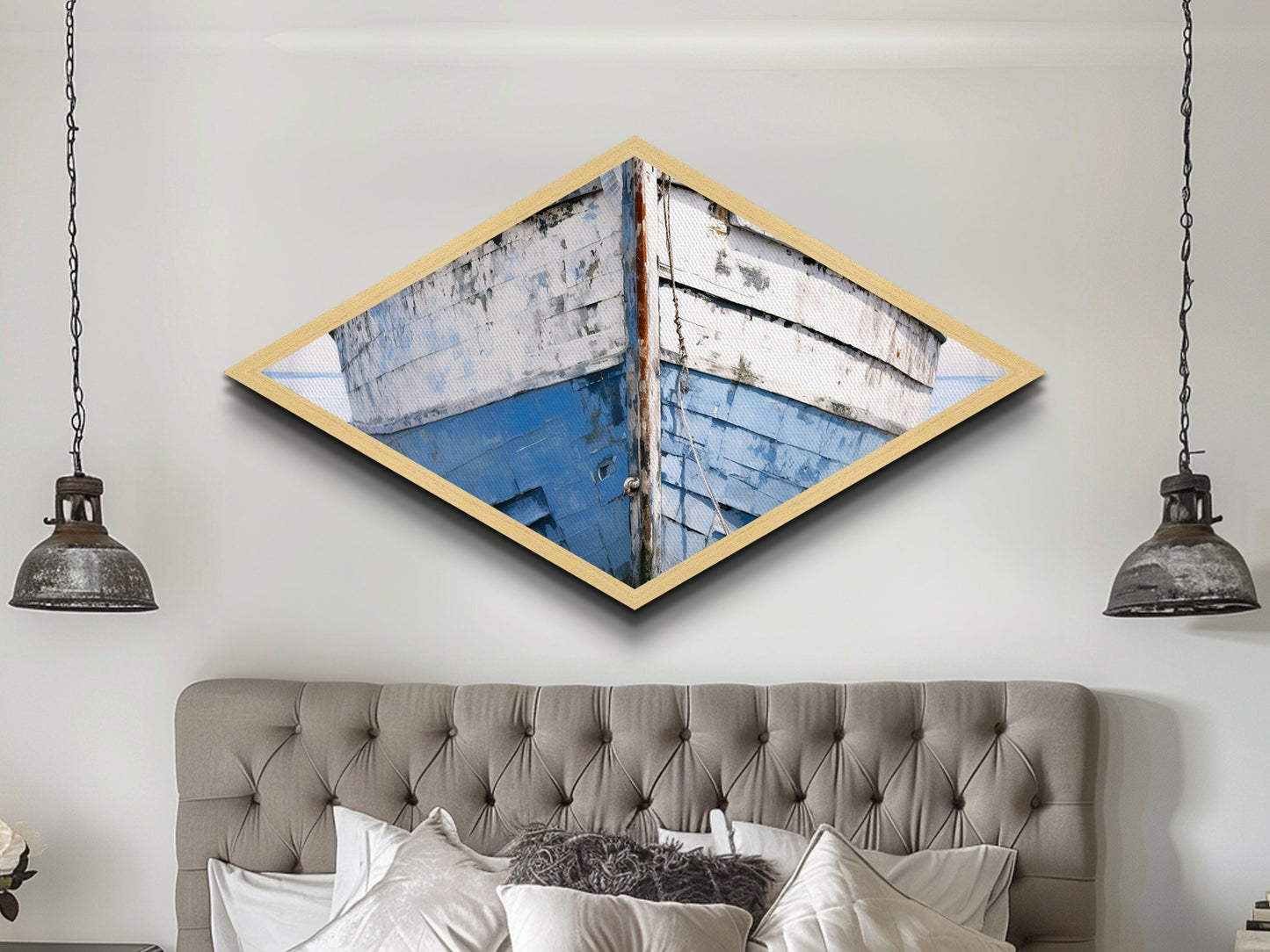 Nautical Hull Charm Diamond Shaped Canvas Textured Print rustic boat bow ocean vessel coastal vintage marine blue white nautical art