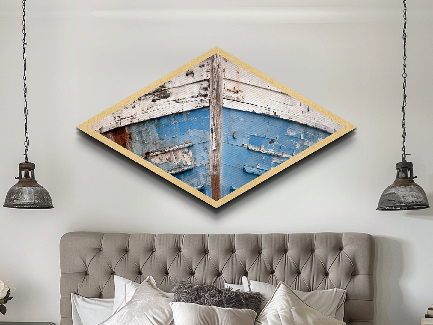 Chipped Boat Nostalgia Diamond Shaped Canvas Embossed Print rustic nautical decor blue white boat hull worn texture seaside wall piece