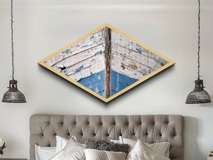 Distressed Vessel Edge Diamond Shaped Canvas Art Print coastal ship hull rustic weathered nautical marine decor blue tones boatfront