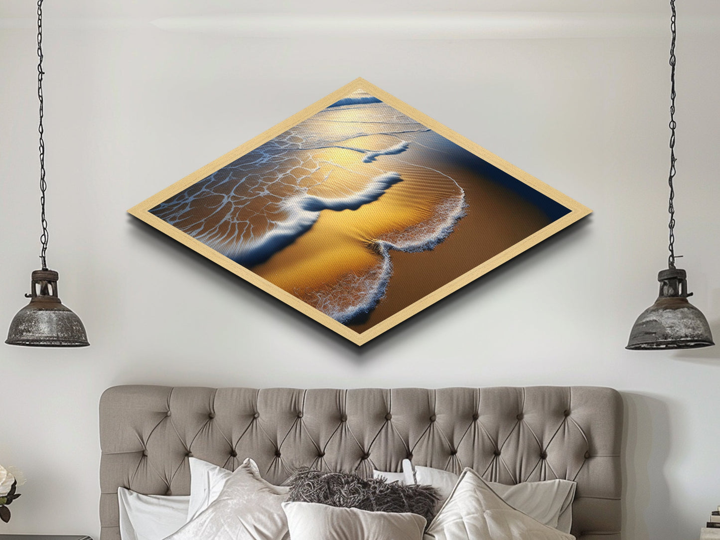 Golden Shoreline Tide – Diamond Shaped Ocean Wave Wall Decor, Coastal Nature Canvas Embossed Print, Beach Sunset Home Accent