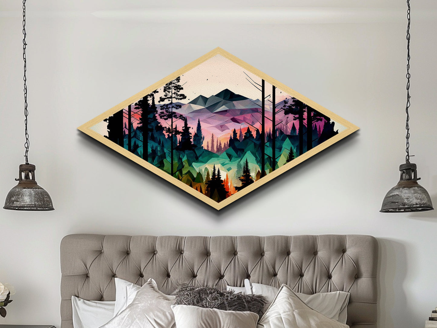 Polygonal Peaks View – Diamond Shaped Geometric Mountain Landscape Canvas Art Print, Nature Forest Sunrise Wall Accent