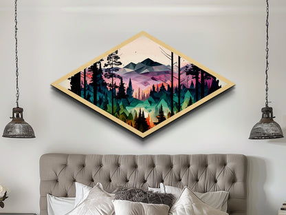 Polygonal Peaks View – Diamond Shaped Geometric Mountain Landscape Canvas Art Print, Nature Forest Sunrise Wall Accent