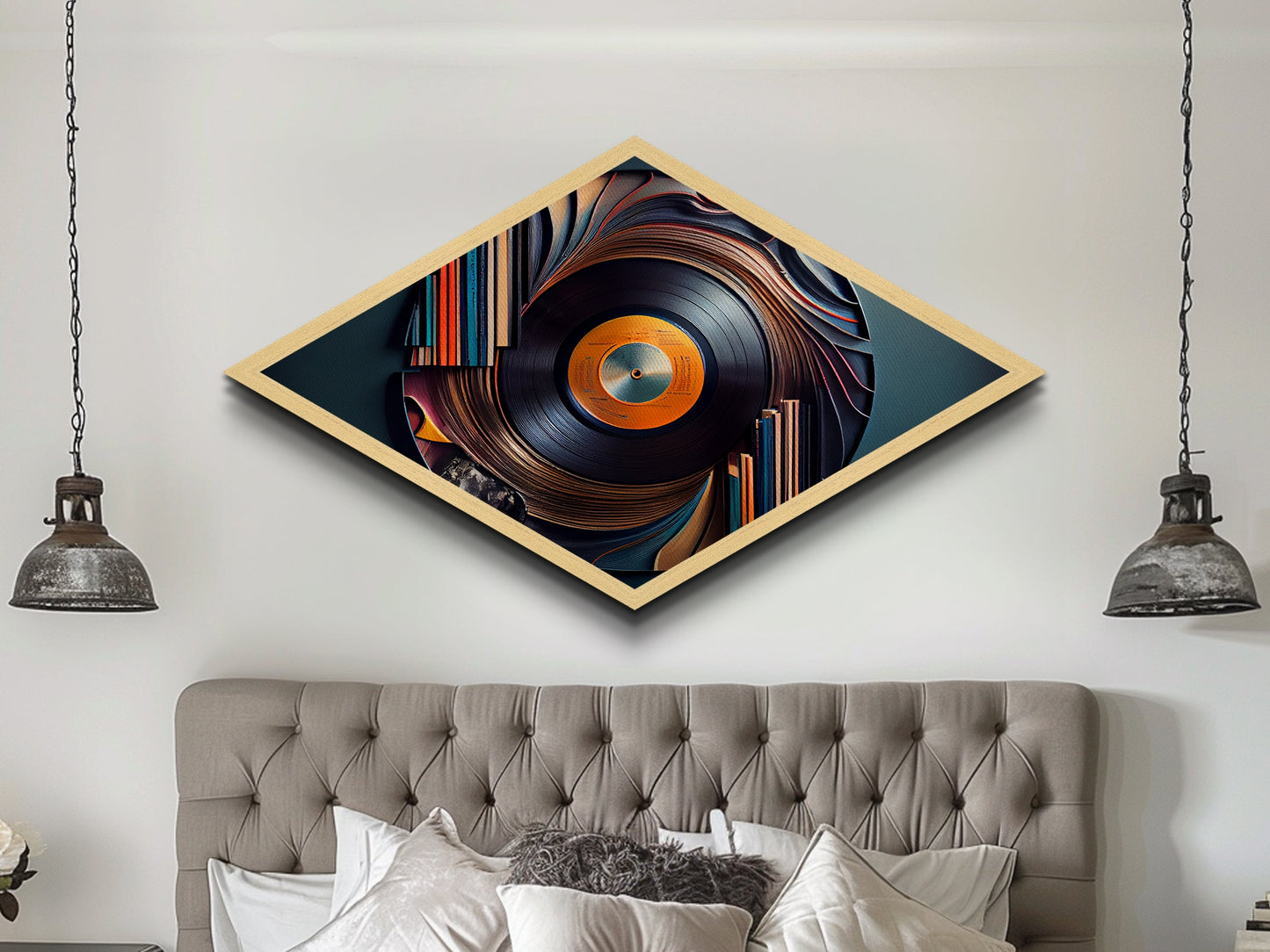 Vinyl Whirl Swirl – Diamond Shaped Retro Record Canvas Art Print, Music Room Decor with Bookshelf Turntable Vibe
