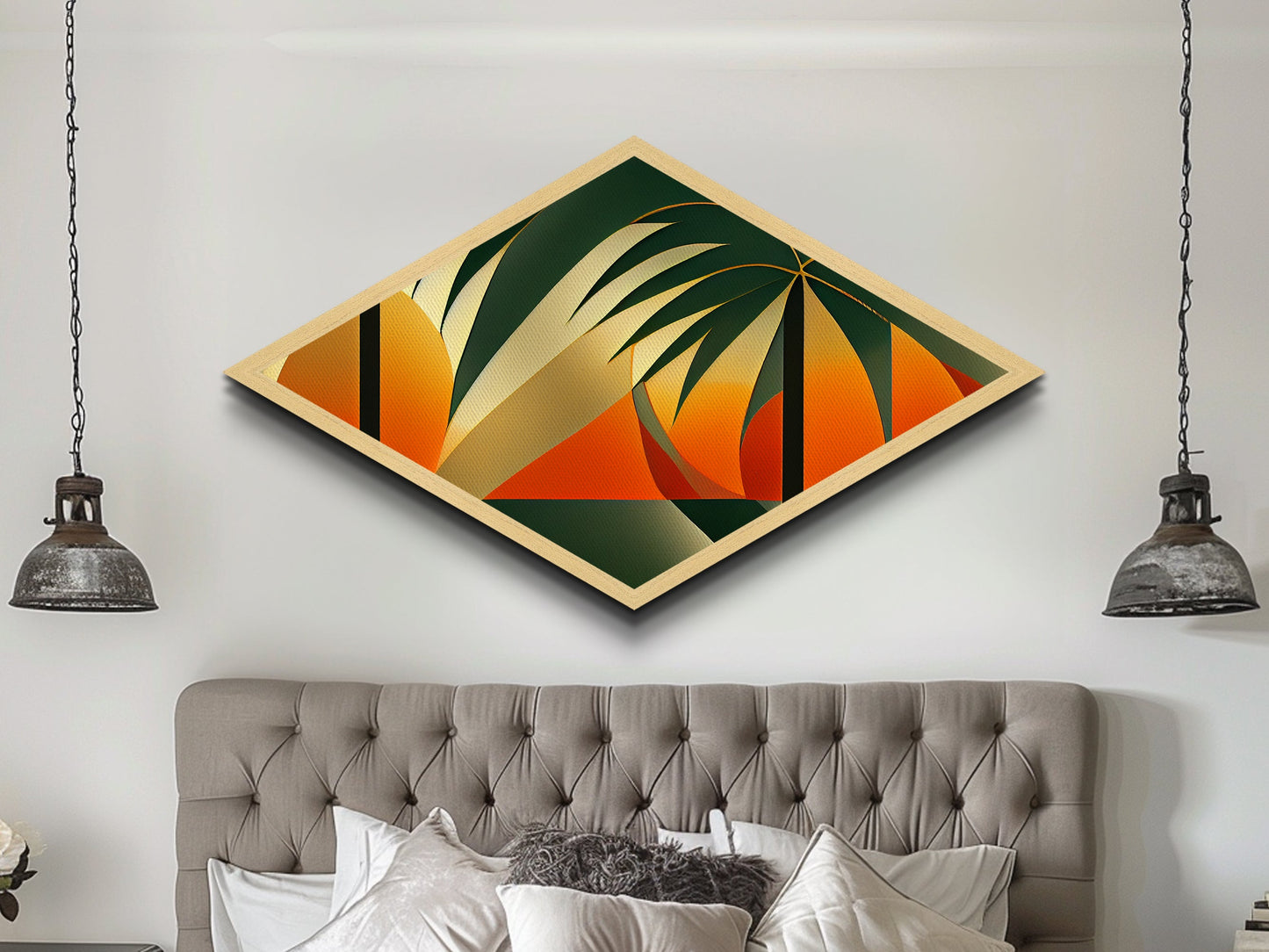 Diamond Shaped Palm Horizon — Tropical Abstract Retro Sunset Canvas Embossed Print, Geometric Island Decor, Bold Beach Theme