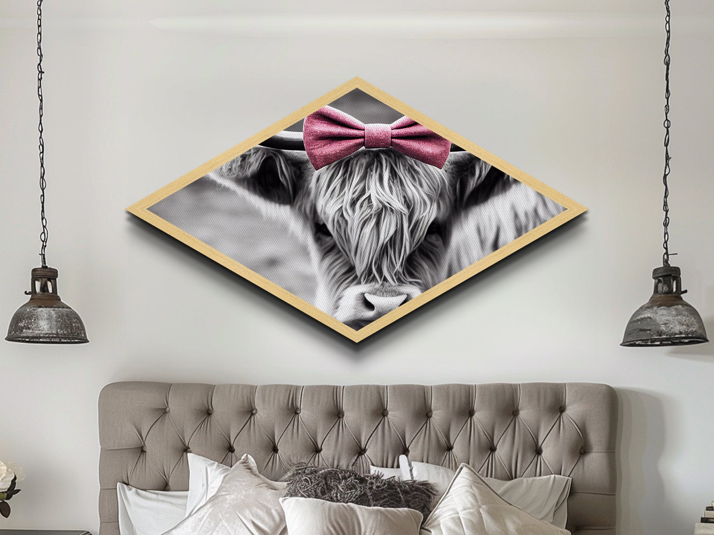 Diamond Shaped Cow Glance — Monochrome Highland Cow Canvas Textured Print, Farm Wall Decor, Whimsical Animal Art with Bow
