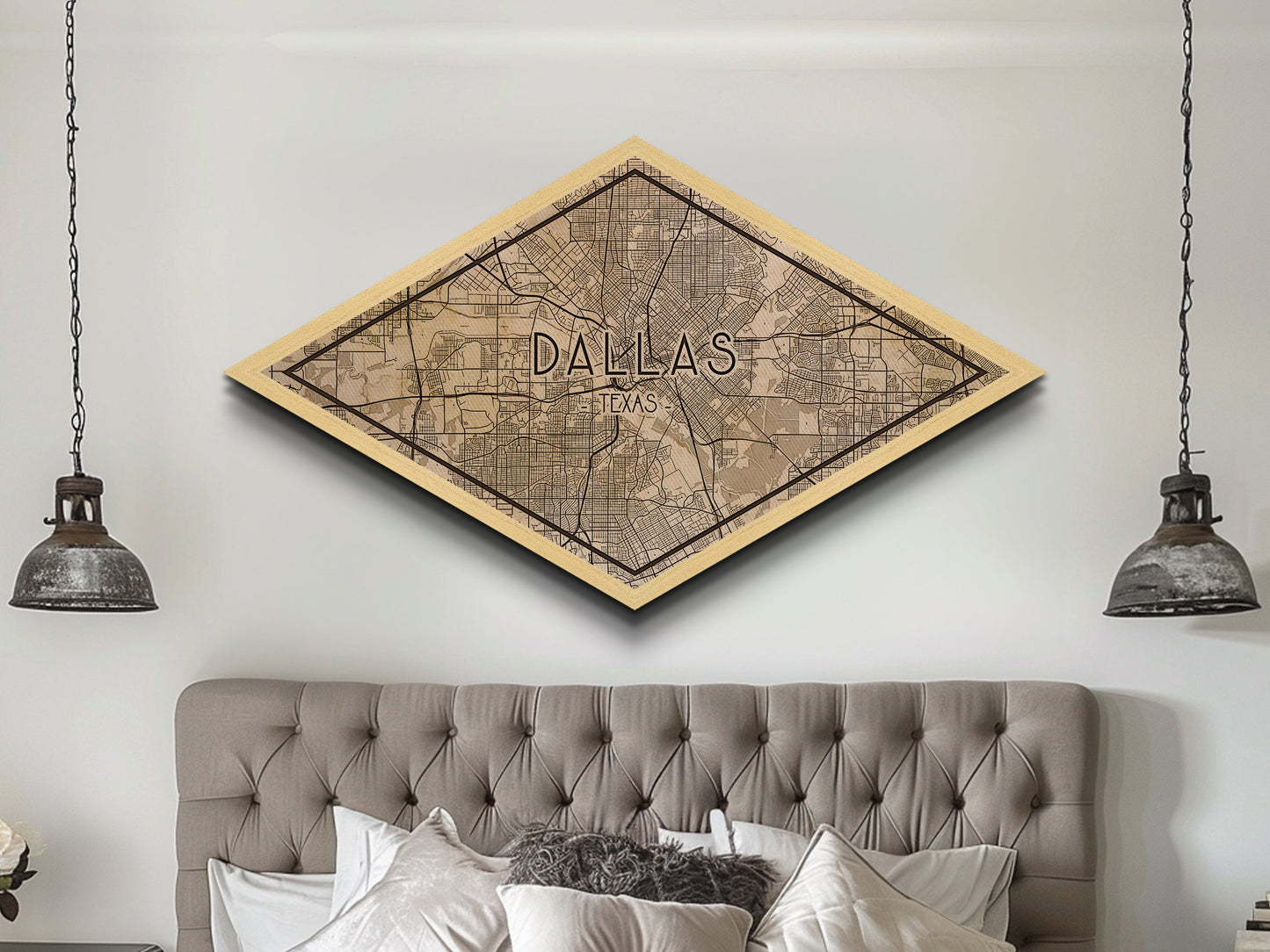 Dallas Diamond Shaped City Map, Custom Diamond Shaped Wall Art, City Map Canvas