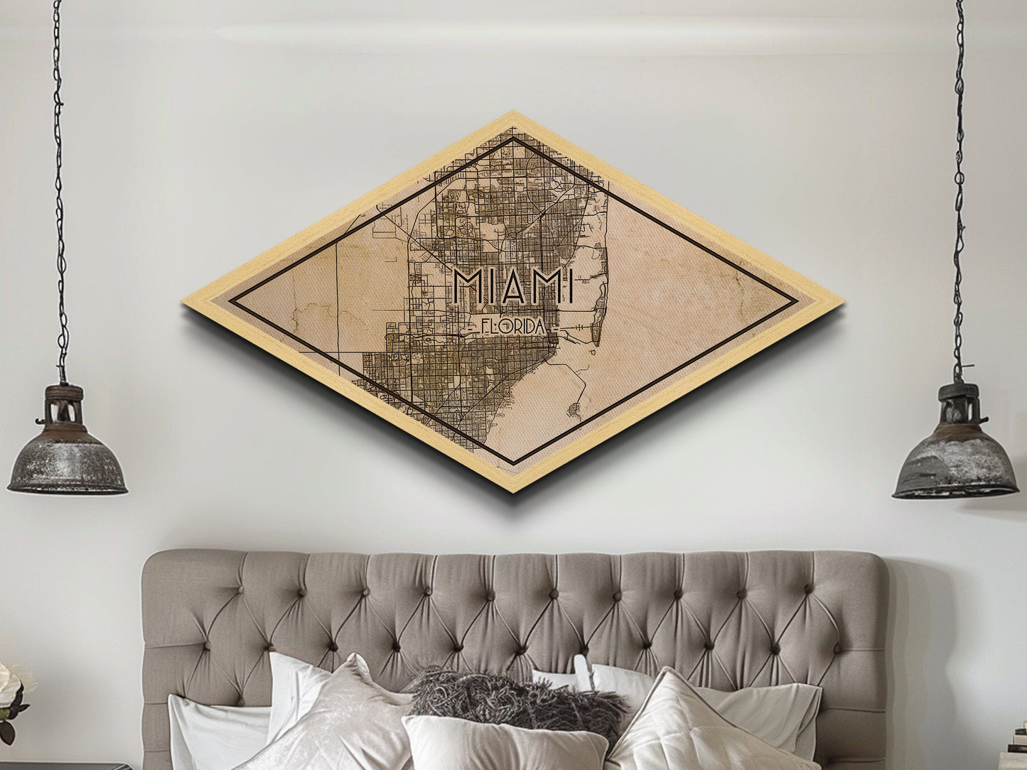 Miami Diamond Shaped City Map, Custom Diamond Shaped Wall Art, City Map Canvas