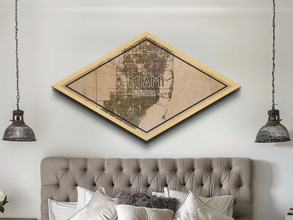 Miami Diamond Shaped City Map, Custom Diamond Shaped Wall Art, City Map Canvas