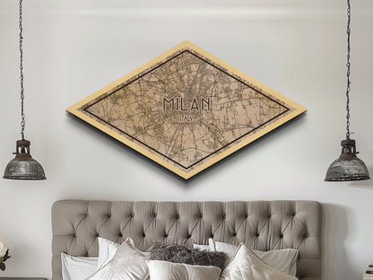Milan - Italy Diamond Shaped City Map, Custom Diamond Shaped Wall Art, City Map Canvas
