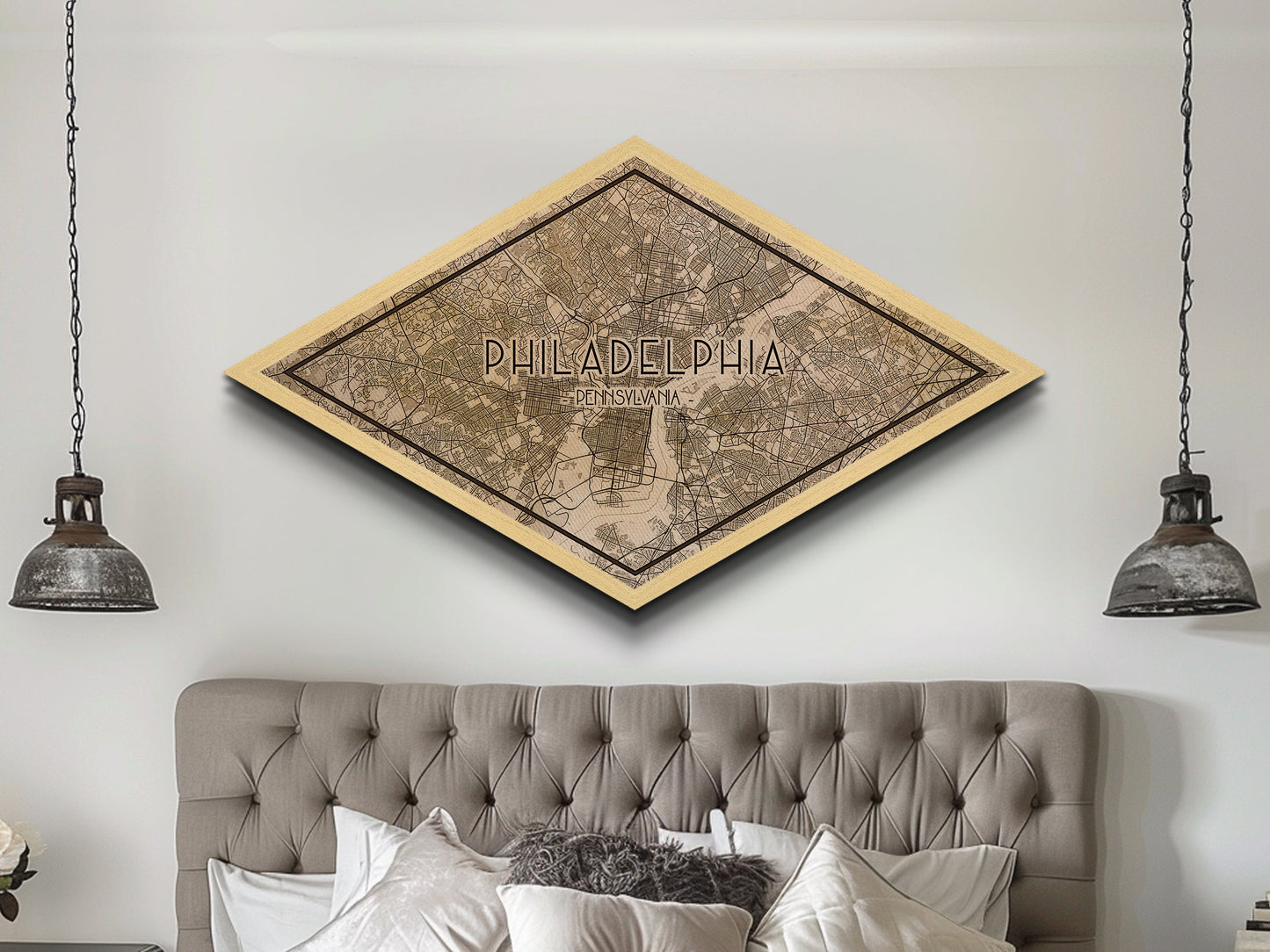 Philadelphia Diamond Shaped City Map, Custom Diamond Shaped Wall Art, City Map Canvas
