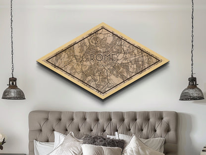 Rome - Italy Diamond Shaped City Map, Custom Diamond Shaped Wall Art, City Map Canvas