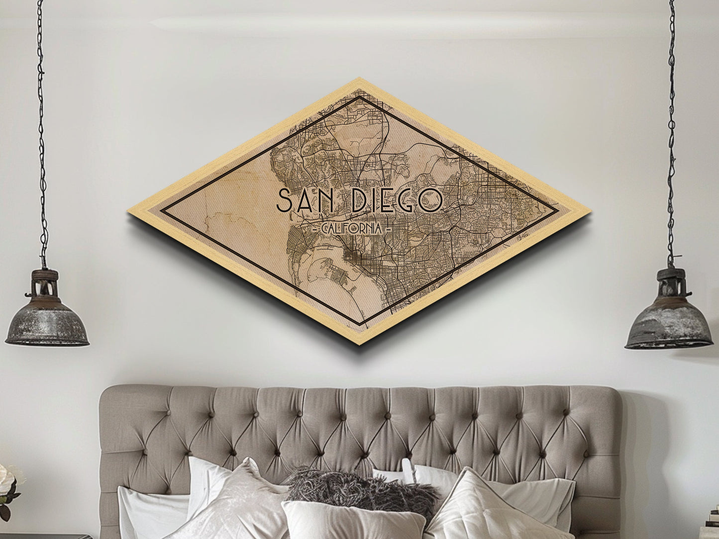 San Diego Diamond Shaped City Map, Custom Diamond Shaped Wall Art, City Map Canvas