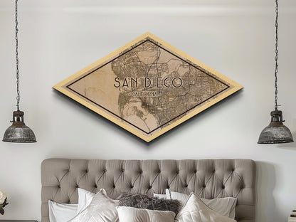 San Diego Diamond Shaped City Map, Custom Diamond Shaped Wall Art, City Map Canvas