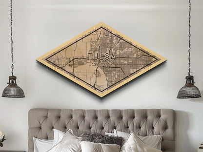 Tulsa Diamond Shaped City Map, Custom Diamond Shaped Wall Art, City Map Canvas
