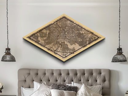 Baltimore Diamond Shaped City Map, Custom Diamond Shaped Wall Art, City Map Canvas