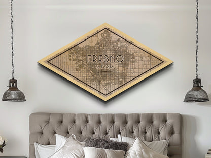 Fresno Diamond Shaped City Map, Custom Diamond Shaped Wall Art, City Map Canvas