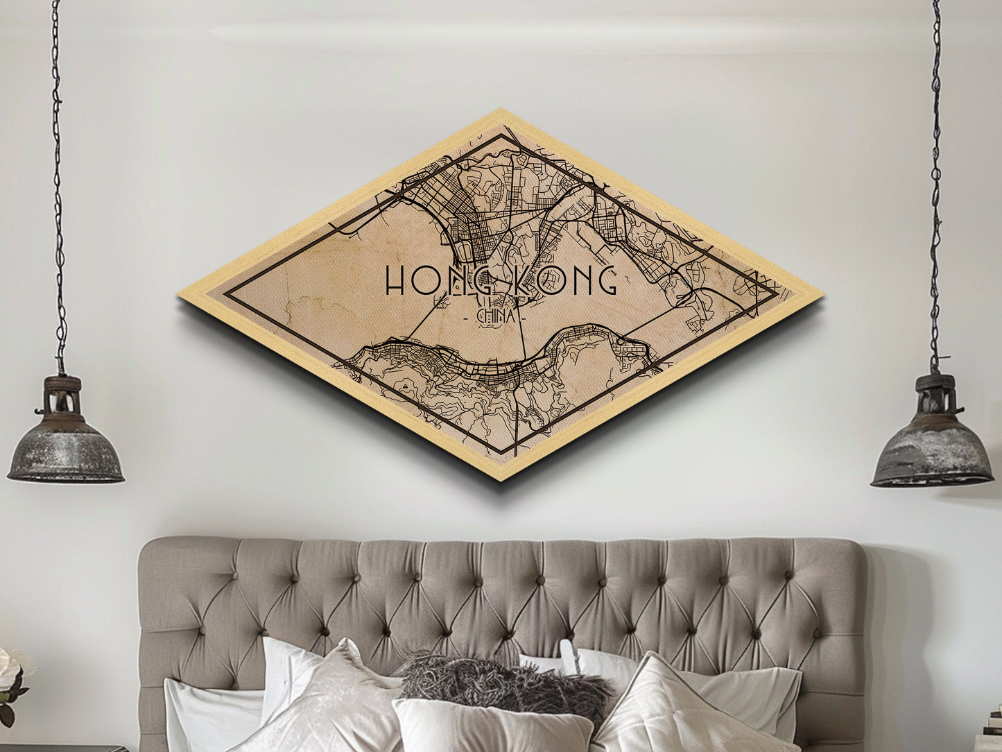 Hong Kong Diamond Shaped City Map, Custom Diamond Shaped Wall Art, City Map Canvas