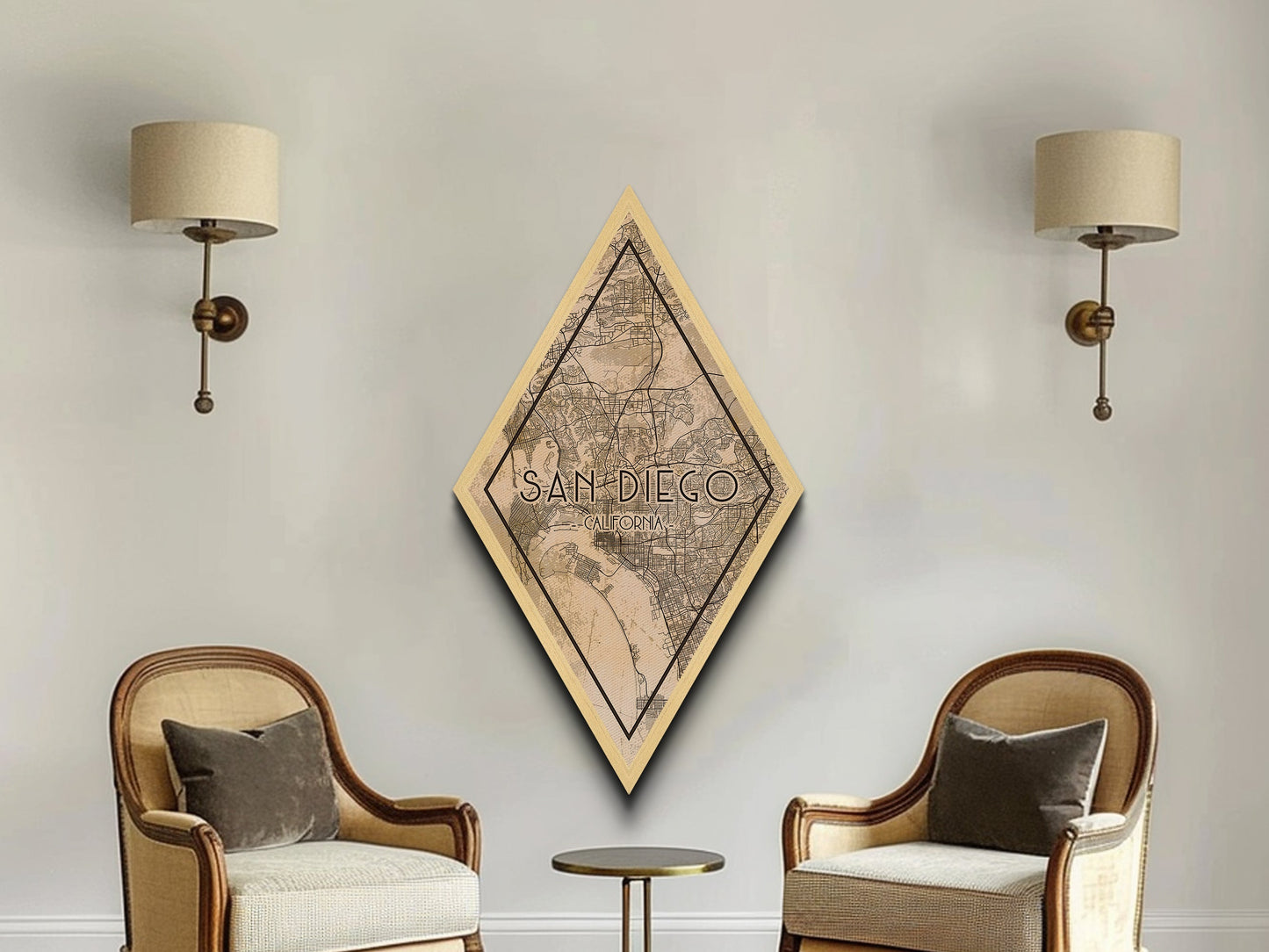 San Diego Diamond Shaped Travel Poster, Custom Diamond Shaped Wall Art, City Map Canvas