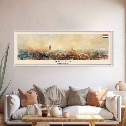 Breda Netherlands Panoramic Travel Poster, Framed Canvas Print or Metal Wall Art, Travel Art, Home Decor, Panoramic Painting, Midcentury Art