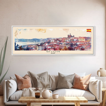 Gijón, Spanien – Kunstdruck für die Wand, Panorama-Stadtbild, Reisekunst, Wanddekoration, Urlaubsgeschenk, gerahmter Leinwanddruck oder Metallbild