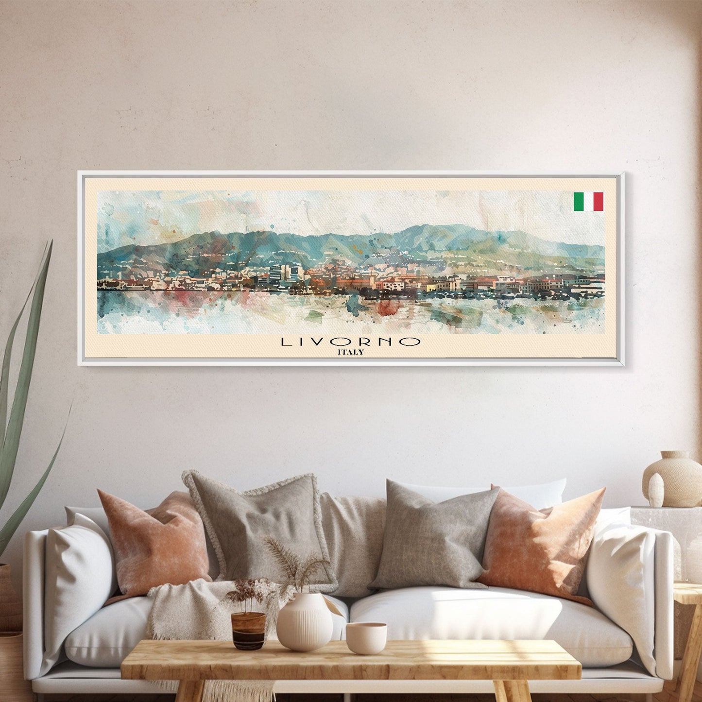 Livorno Italy Panoramic Travel Poster, Framed Canvas Print or Metal Wall Art, Travel Art, Home Decor, Panoramic Painting, Midcentury Art