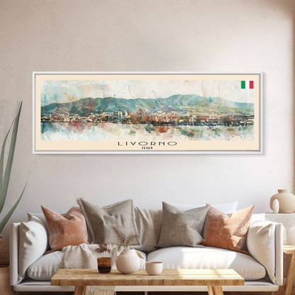 Livorno Italy Panoramic Travel Poster, Framed Canvas Print or Metal Wall Art, Travel Art, Home Decor, Panoramic Painting, Midcentury Art