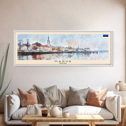 Narva, Estland – Panorama-Reiseposter, gerahmter Leinwanddruck oder Wandbild aus Metall, Reisekunst, Wohndekoration, Panoramagemälde, Kunst der Mitte des 20. Jahrhunderts