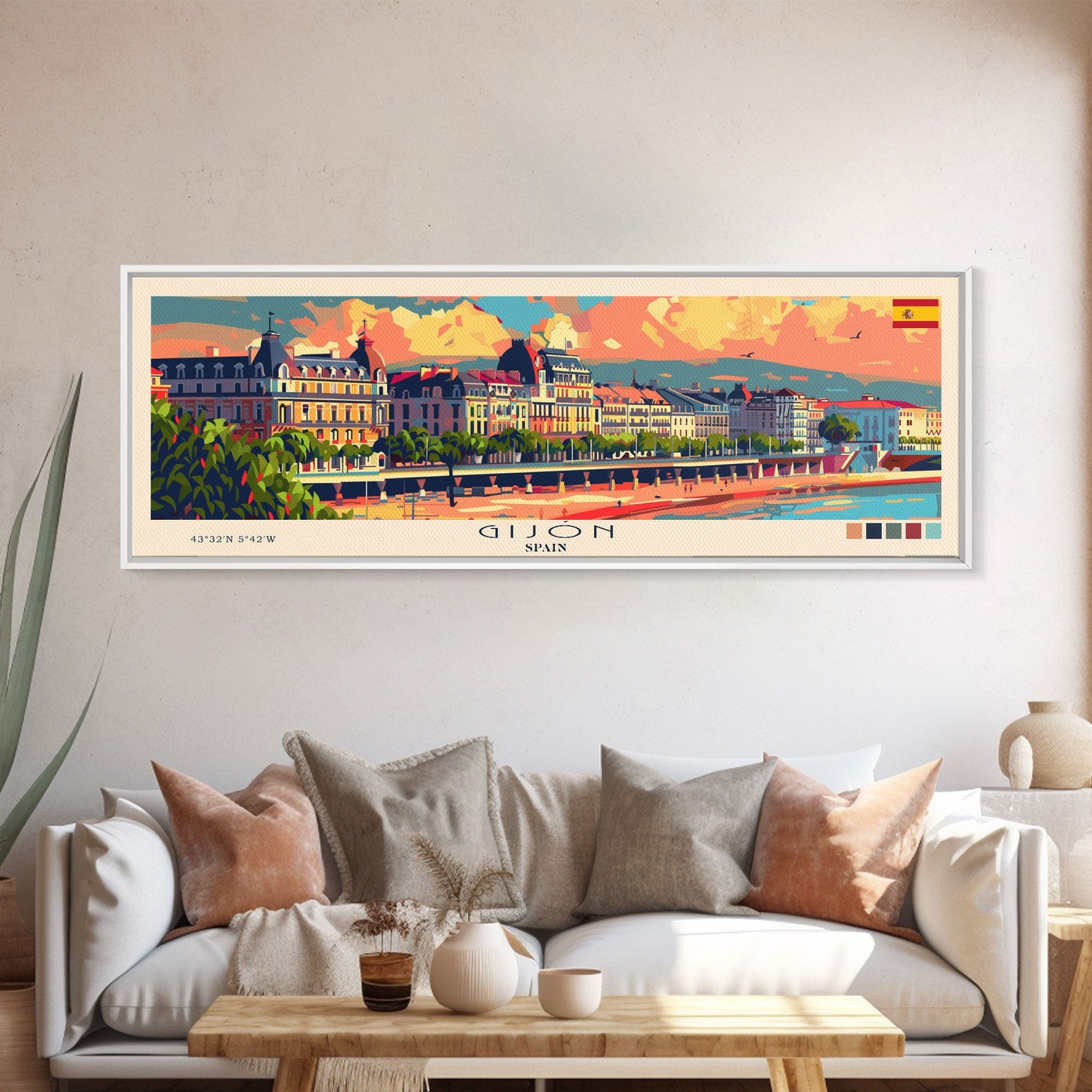 Gijón, Spanien – Kunstdruck für die Wand, Panorama-Stadtbild, Reisekunst, Wanddekoration, Urlaubsgeschenk, gerahmter Leinwanddruck oder Metallbild
