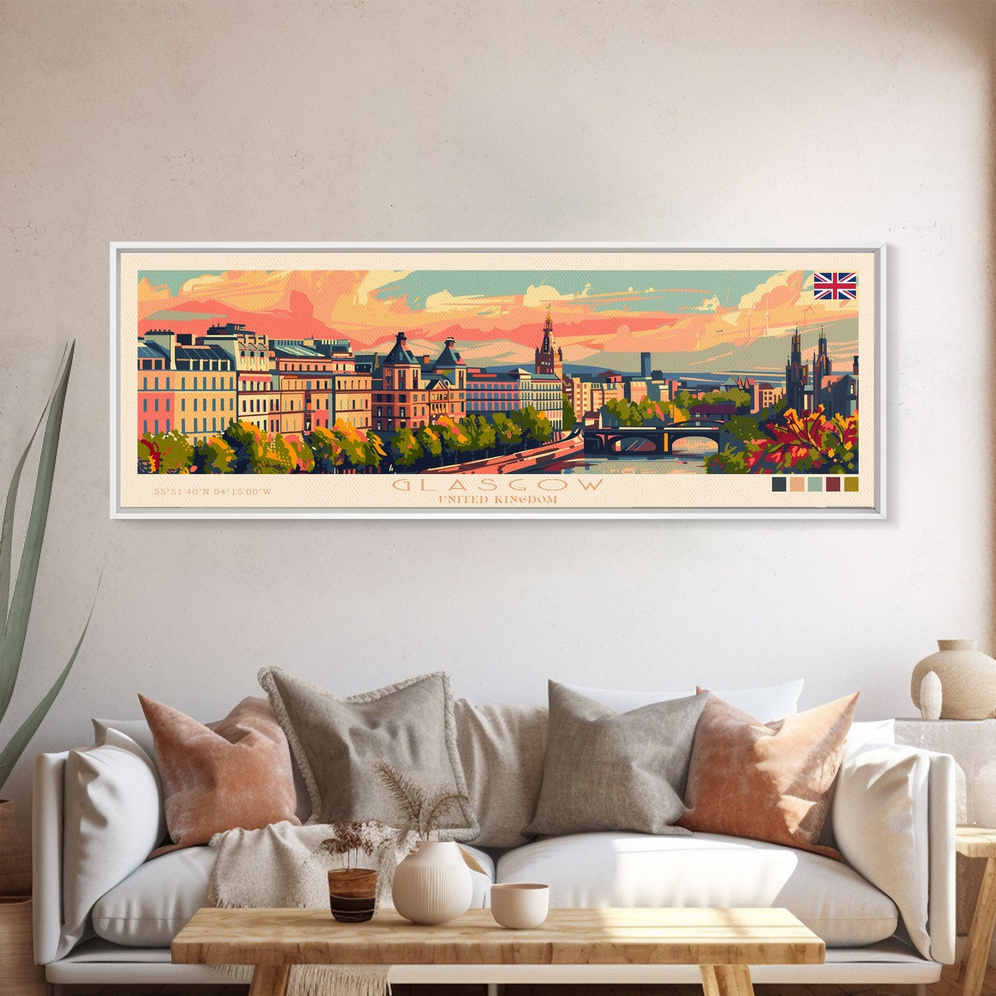 Glasgow, Vereinigtes Königreich – Reisekunst, Stadtkunst, gerahmter Leinwanddruck oder Wandbild aus Metall, Europa-Reiseposter, Panorama-Wandbild, extra breites Wandbild