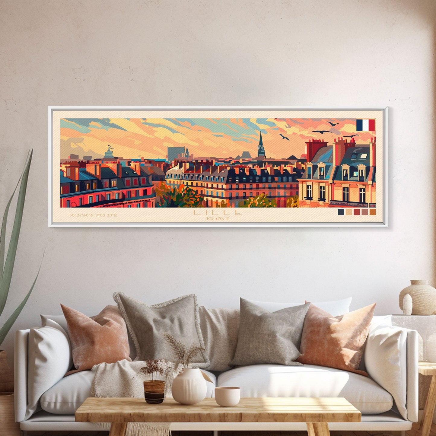 Wandbild „Lille, Frankreich“, Panorama-Reiseposter, gerahmter Panorama-Leinwanddruck, Stadtbild, Wanddekoration, Reisekunst